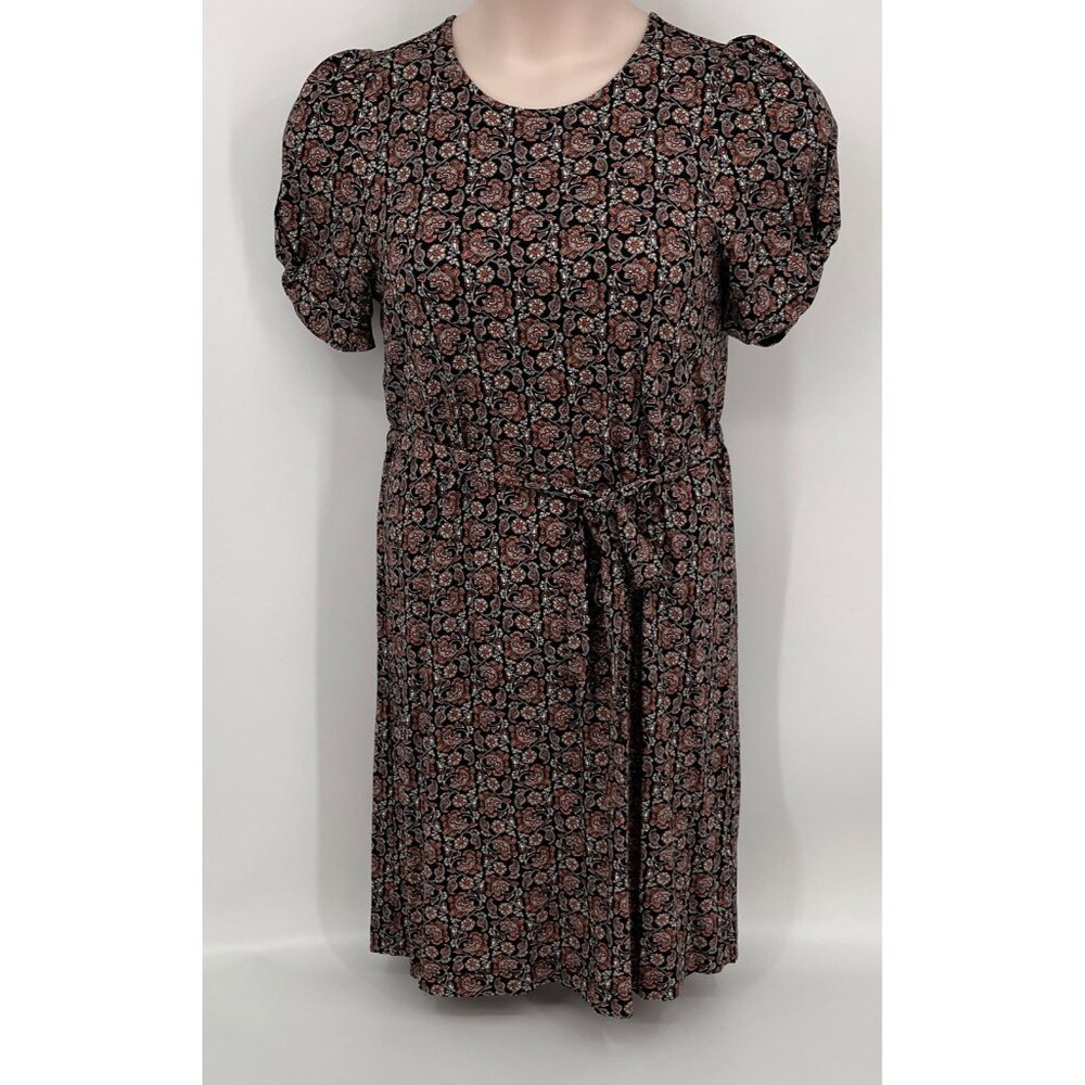 Boden Knot Detail Jersey Mini Dress Size 8R Black Floral Puff Sleeve Tie Waist